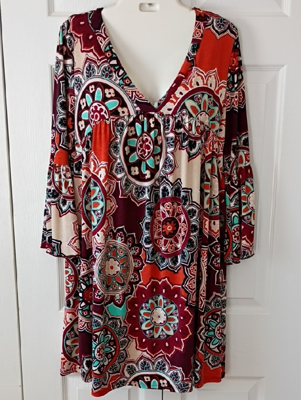 Honeyme Burgundy & Rust Printed V-Neck Empire Dress